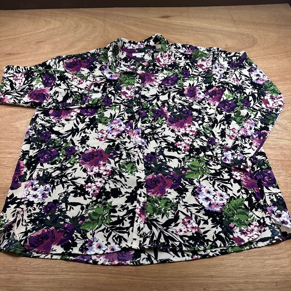 J.Jill Women's Large Floral Button Front Blouse Purple White Long Sleeve Top